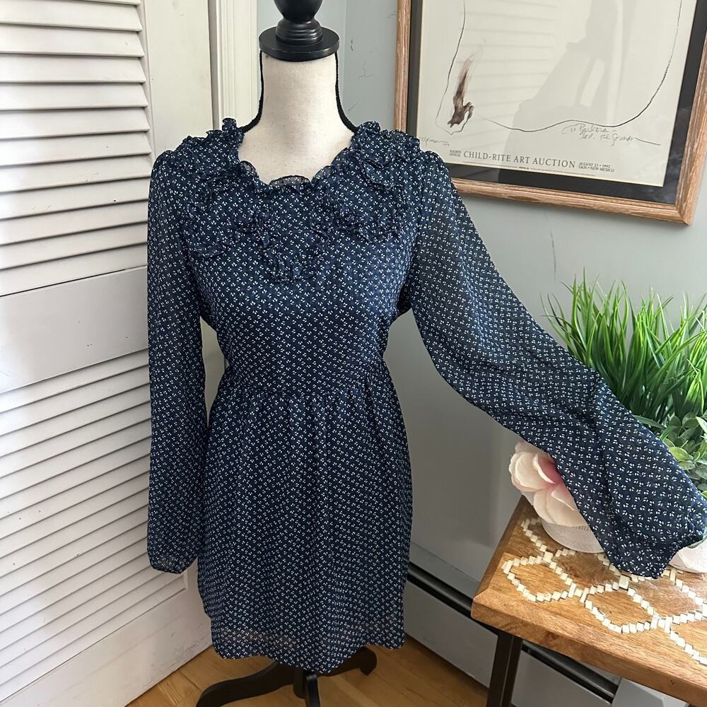 FREE PEOPLE Womens Dress 8 Blue Nouveau Butterfly Ruffle Chiffon Feminine Party